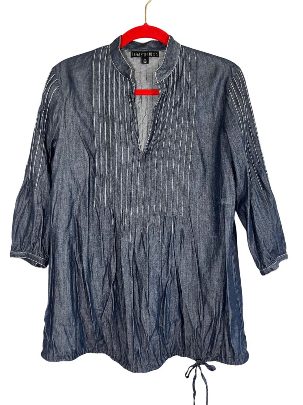 Lafayette 148 Chambray Tunic Top 6 Denim Resort Preppy Luxury Pintuck Artsy Chic